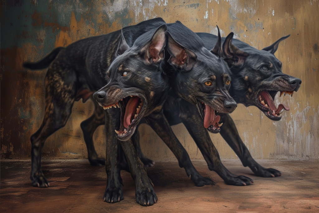 Cerberus, a 3 headed dog guarding the entrance of the underworld